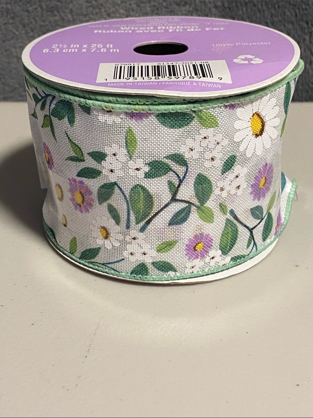 NWT Wire Edged Purple and White Floral Ribbon